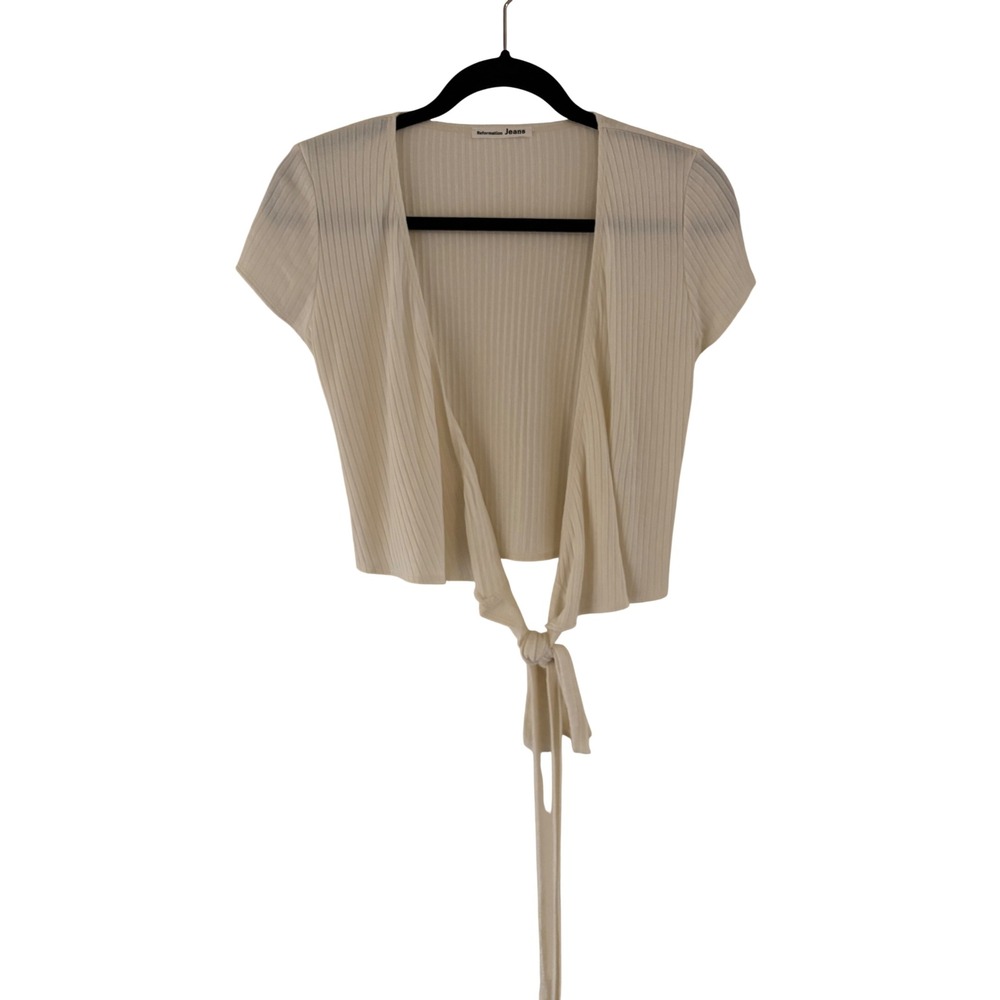 Reformation Jeans Cream Ribbed Short Sleeve Front Tie Wrap Crop Top XS